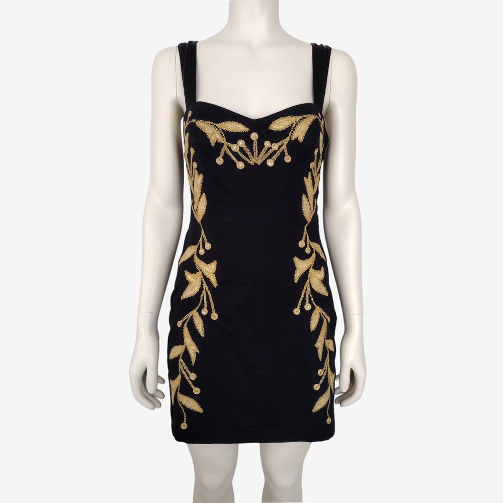 Free People Black Gold Leaf Motif Embroidered Smock Back Mini Dress